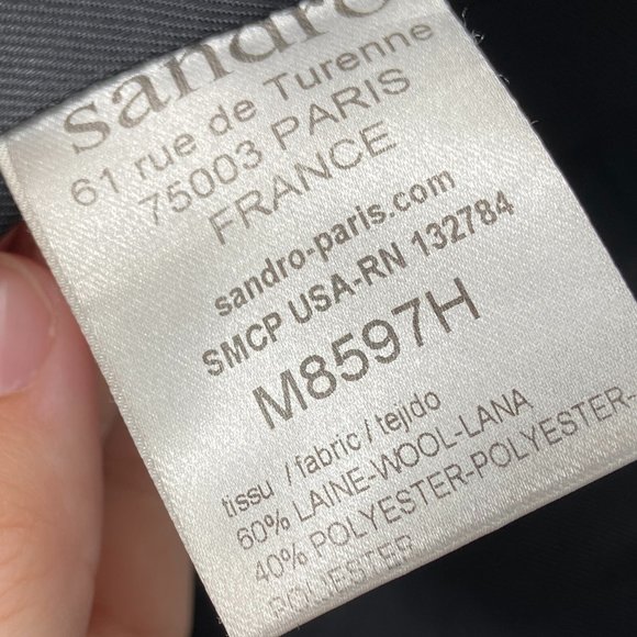 SANDRO Blue Wool Blend Coat Leather Zip Collar - Picture 4 of 8